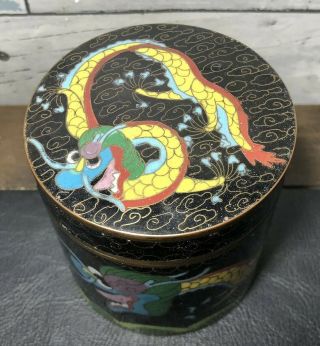 Antique Chinese Cloisonné Enamel Copper Dragon Lidded Box Jar Caddy