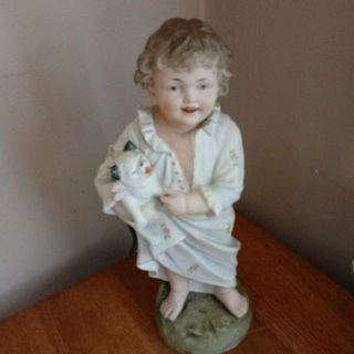 Antique German Bisque Boy With Cat Figurine