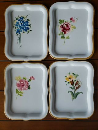 4 Vtg Hand Painted Toleware Trays Floral Flowers 60s E.  T Nash Nashco York