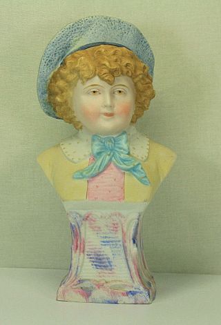 Antique German Hand Painted Bisque Porcelain Victorian Boy Bust W/match Striker