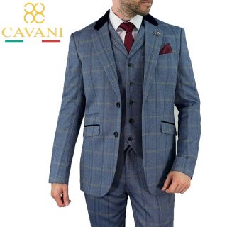 Mens Cavani Peaky Blinders Vintage Blue Check Tweed Formal Wedding 3 Piece Suit
