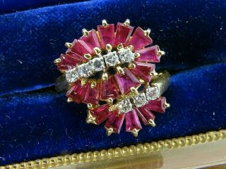 Vintage 14k Gold Antique C.  Art Deco Retro Ruby Diamond Baguette Cocktail Ring