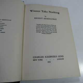 WINNER TAKE NOTHING/1933/ERNEST HEMINGWAY/RARE NEAR FINE 1st Ed.  - 1st Issue $2 DJ 4
