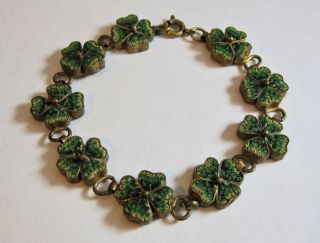 Vintage Micro Mosaic Shamrock Four Leaf Clover Panel Bracelet 7”