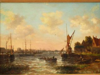 Fine 19th Century East India Dock River Thames Sailboats Antique Oil Painting