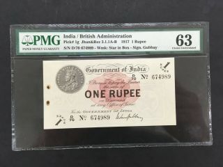 India (british Admin. ) 1 Rupee 1917 - - Pmg 63 Choice Unc - - - - - Rare