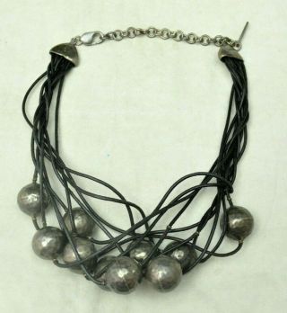 Vtg Espinosa Black Leather Cord & Hammered Sterling Ball Bead Modernist Necklace