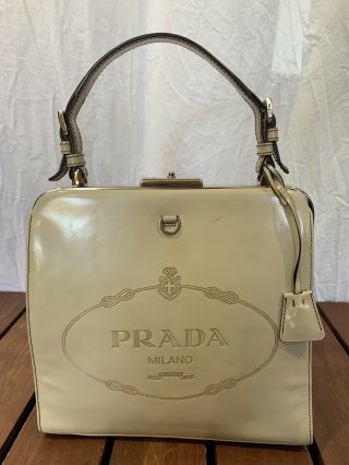 Prada Authentic Vintage Beige Patent Leather Satchel Bag Made In Italy
