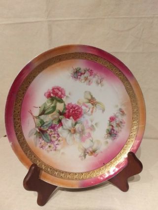 Germany Hand Painted Floral Pink White Arrangement 8 1/4 " Cabinet Plate Gold Bnd