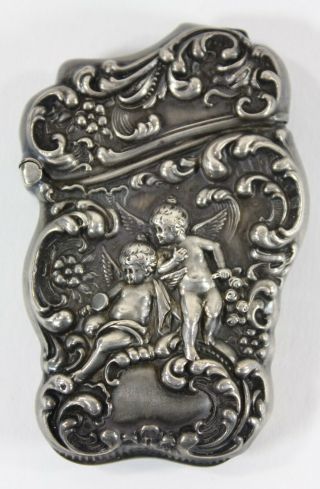 Unger Brothers Art Nouveau Sterling Silver Match Vesta Case With 2 Cupids C.  1900