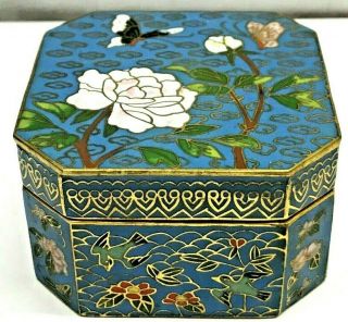 Vtg Japanese Cloisonne Enamel Trinket Box Bird Butterfly Flower Chinese Blue