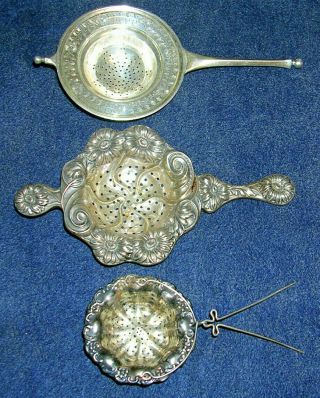 3 Antique Sterling Silver Tea Strainers 19th Century In The Spout M S & C
