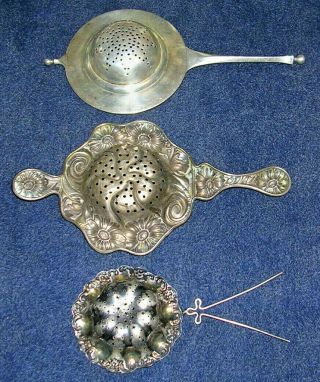 3 Antique Sterling Silver Tea Strainers 19th Century In The Spout M S & C 2