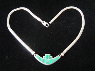 VINTAGE RAY TRACEY KNIFEWING NAVAJO MALACHITE INLAY STERLING SILVER NECKLACE 2