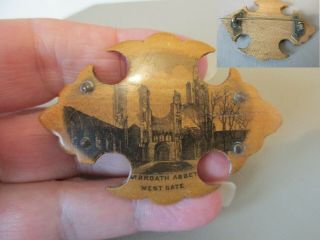 Antique Victorian Scottish Mauchline Ware Treen Brooch Arbroath Abbey Scots Pin