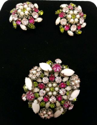 Schreiner Brooch Earrings Set Pink Green Rhinestones Tiered Pin Signed
