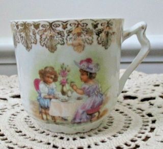 Small Antique China Cup W/ Gold Filagree Trim And Victorian Girls Having Tea