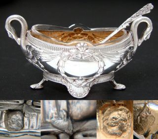 Antique French Sterling Silver Open Salt With Spoon,  Elegant Swan Figures