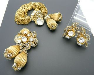 Miriam Haskell Clear Rhinestone Gold Tone Ornate Set Pin Brooch Bracelet Earring