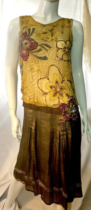 Antique 20s Beaded Flapper Dress,  Gold Metallic Skirt,  Sequins