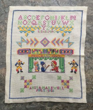 Vintage Punch & Judy Theme - Alphabet Sampler Embroidery - Unusual