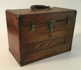 Vintage Wood Machinist Chest Tool Box Solid Oak 5 Drawers Leather Handle