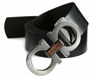 $485 Salvatore Ferragamo Mens Black Brown Wood Bit Gancini Italy Leather Belt 42