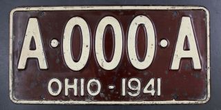 Vintage 1941 Ohio Sample License Plate A - 000 - A