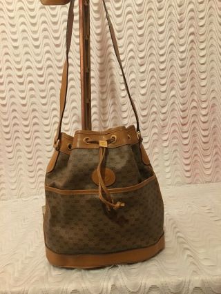 Gucci Vintage Web Brown Monogram Leather Drawstring Bucket Shoulder Bag
