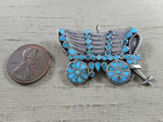Old Zuni Turquoise Inlay Covered Wagon Pin Brooch Pendant Dishta Family