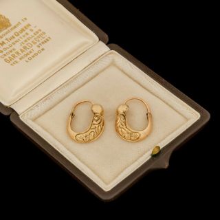 Antique Vintage Georgian 14k Gold Rococo Foliate Repousse Womens Hoop Earrings