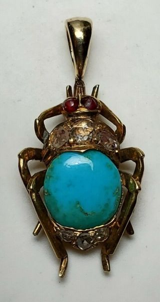 Antique 14k Yellow Gold Diamond Garnet Turquoise Insect Pendant - Usa Ship