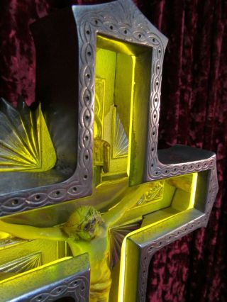 Vintage Funeral Neon Ornate Standing Crucifix Electric Lighted Casket Cross 4