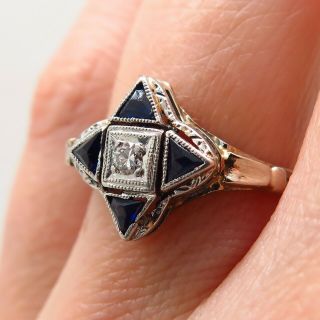 Antique Art Deco 585/14k Gold W/ Diamond 0.  08ct & Sapphire Gemstone Ring