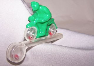 Vintage 1950s Plastic Green Police Motorcycle Toy Whistle W/spinning Wheels