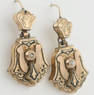 Antique Victorian Gold Gf Taille D’epargne Enamel Dangle Pendant Earrings