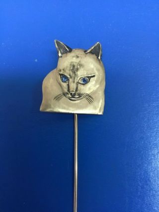 Rare Antique 14k Cat Stick Pin W/ Sapphire Eyes