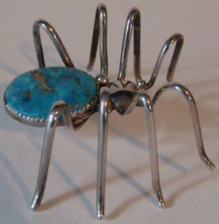 Huge Vintage Navajo Indian Silver & Turquoise Dimensional Spider Pin Brooch