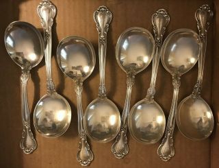 Set Of 8 Gorham Chantilly Sterling Silver Round Soup Spoons 1895
