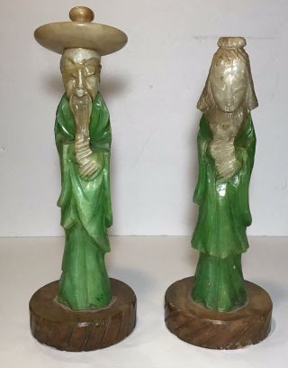 Antique Vintage Hand Carved Soap Stone Lamp Pair Set Asian Chinese Man Woman