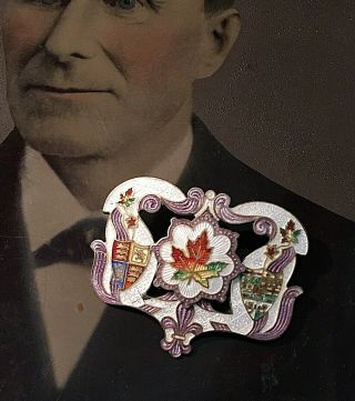Antique Enamel Sterling Guilloche Maple Leaf & Coat Of Arms Brooch Pin Pw Ellis