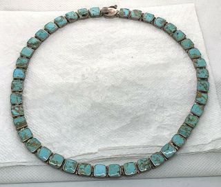 Vintage Or Antique Sterling Silver & Turquoise Square Link Necklace,  17 "