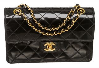 Chanel Vintage Black Patent Leather Small Classic Flap Bag