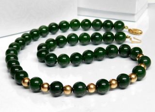 18 " Art Deco 14k Yellow Gold 10mm Green Jade Bead Necklace 66 Grams