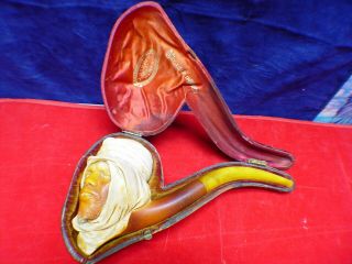 VINTAGE 1800 ' S MEERSCHAUM PIPE ARAB MOOR WITH TURBAN AMBER STEM & CASE 3