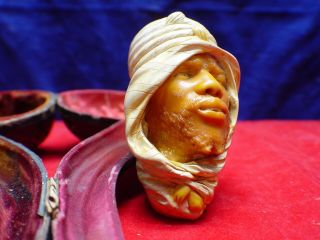 VINTAGE 1800 ' S MEERSCHAUM PIPE ARAB MOOR WITH TURBAN AMBER STEM & CASE 6