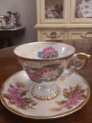 Ucagco Japan Iridescent Footed July Waterlily Large Teacup And Saucer Lusterware