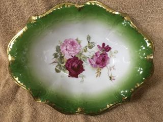 Carl Tielsch Ct Germany Bowl 10 " Vegetable Serving Bowl Green With Pink Roses