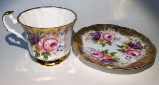 Elizabethan Fine Bone China England Rare Teacup & Saucer Gold w/Pink/Blue Floral 3