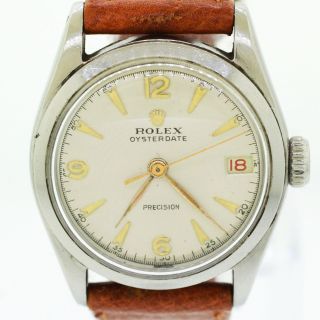 Vintage Rolex Oysterdate Precision Stainless Steel White 32mm Date Watch 6066